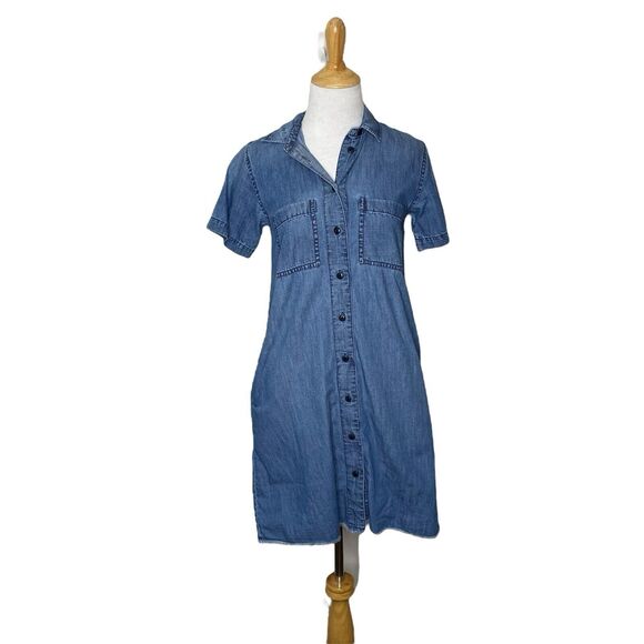 Madewell Button Front Shirt Dress Frayed Hem Denim Chambray pockets Size XXS - Picture 1 of 7